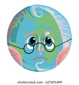 Vector illustration of upset cartoon globe wearing glasses. Concepts and themes of environment, pollution, global warming, Earth, geography, ecology, environmental protection