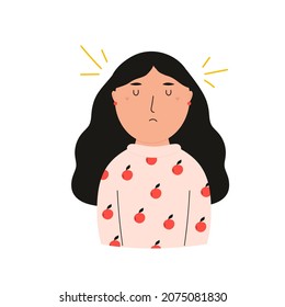 Vector illustration of an upset, frustrated girl. Female portrait in a modern flat style. Cute character design