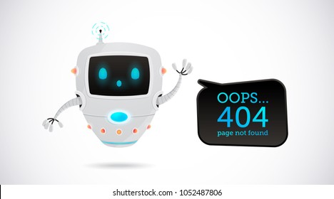 Vector illustration, upset robot character with spich bubble. Oops, 404 page not found text.