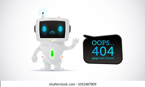 Vector illustration, upset robot character with spich bubble. Oops, 404 page not found text.
