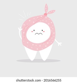 Vector illustration of an upset tooth with a bandage. Dental Medicine childish poster
