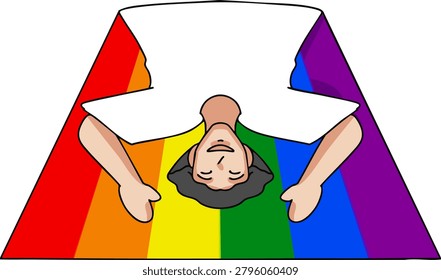 Vector illustration of an upside-down person over a rainbow triangle, symbolizing LGBTQ identity and self-discovery.