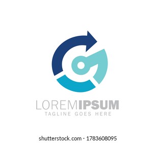 A vector illustration of upward circular arrow monogram letter G logo  sign in blue shade color with technology symbol 