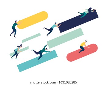 Vector illustration, upward movement of the dynamics of geometric shapes, people fly up towards the target