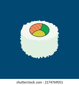 Vector illustration of a uramaki sushi, sushi roll, sesame seeds, salmon, avocado, cucumber, guerkin and rice on brown background, sushi roll sesame seeds.