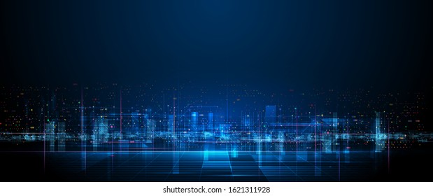 Vector illustration urban architecture, cityscape with space and neon light effect. Modern hi-tech, science, futuristic technology concept. Abstract digital high tech city design for banner background - Shutterstock ID 1621311928