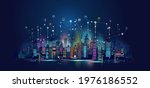 Vector illustration urban architecture technology wireless network communication smart city with skyscraper downtown skyline for design banner technology, Vector illustration futuristic background.