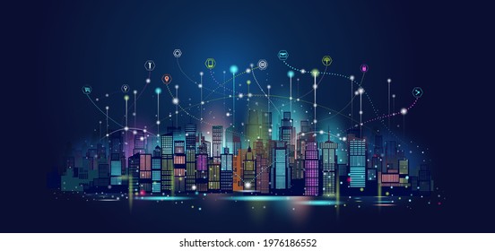 Vector illustration urban architecture technology wireless network communication smart city with skyscraper downtown skyline for design banner technology, Vector illustration futuristic background.