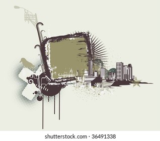 Vector illustration of urban background with Design elements over grunge stained frame.