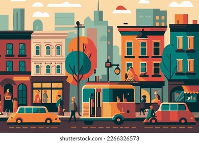 vector illustration of urban background scene with buildings, cars, trees and street life. 