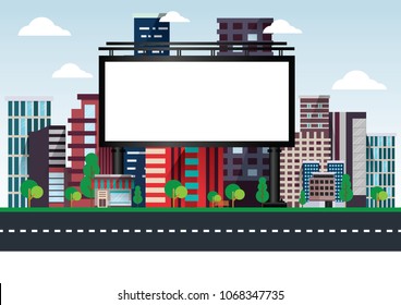 Vector illustration of urban billboards with city street skyscrapers buildings