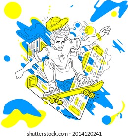 Vektorgrafik eines urbanen Jungen, der auf einem Skateboard springt