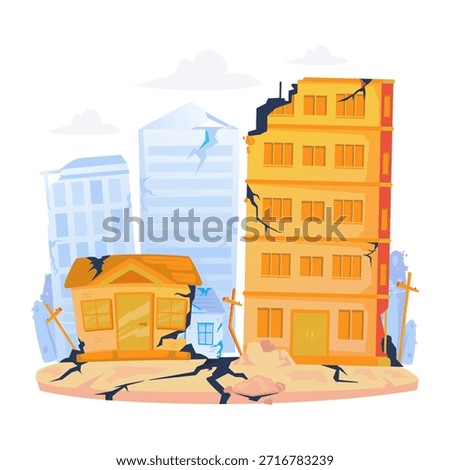 Vector illustration of urban buildings damaged by an earthquake, showing cracked apartment blocks, broken houses, and fractured ground. Natural disasters and emergency situation scene.