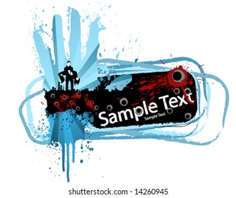 Vector illustration of an urban cityscape design element with gunshots, blood splatters and a banner copy space.