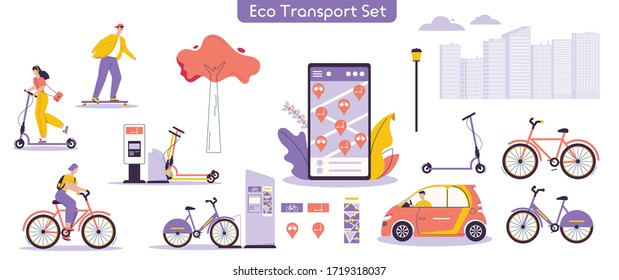 Vector illustration of urban eco transport set. Bundle of character man, woman riding electric kick scooter, bicycles, skateboards, driving car, using rental service mobile app. Modern urban lifestyle