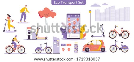 Vector illustration of urban eco transport set. Bundle of character man, woman riding electric kick scooter, bicycles, skateboards, driving car, using rental service mobile app. Modern urban lifestyle