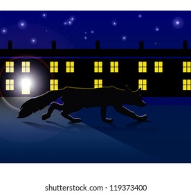 Vector Illustration Of An Urban Fox At Night