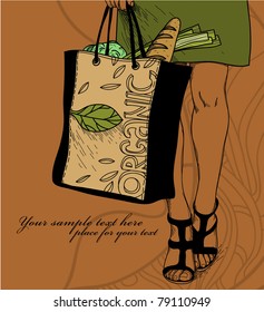 vector illustration of an urban girl with a bag of  organic food
