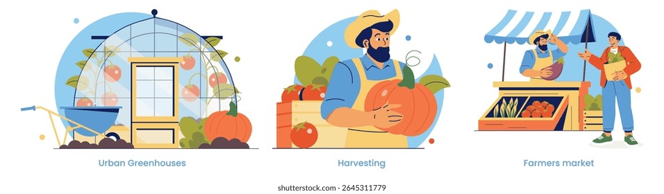 Vector illustration of urban greenhouses, harvesting pumpkins, and a vibrant farmers market. Features a farmer with a pumpkin and a customer buying fresh produce, capturing expressions of satisfaction