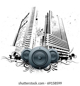 vector illustration of urban grunge city with speakers