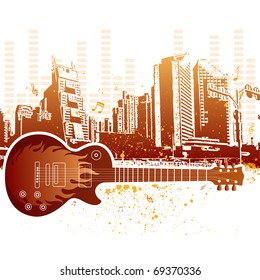 vector illustration of urban grunge city with guitar