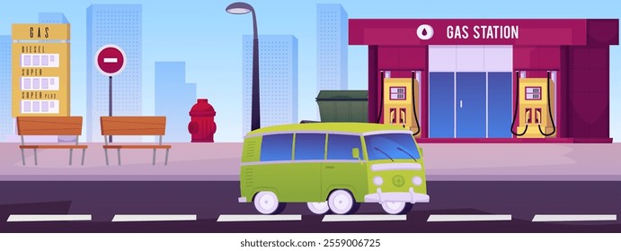 Vector illustration of an urban landscape: an atobus is driving along the road past a gas station against the background of the city and the blue sky.