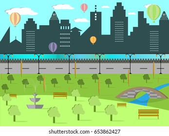 Vector illustration of urban landscape and beautiful park with river, bridge and air balloons, flat design illustration 