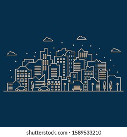 Vector illustration of urban landscape lines with skyscrapers, trees, car, clouds