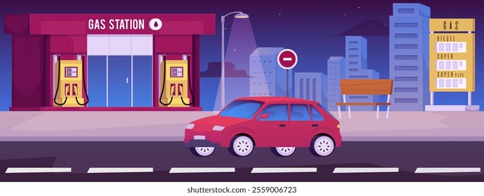 Vector illustration with an urban landscape: a passenger car is driving along the road past a gas station against the background of the city and the night sky.