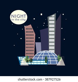Vector illustration of urban landscape. Set of flat buildings. Night version.