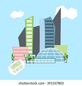 Vector illustration of urban landscape. Set of flat buildings. Summer in the city