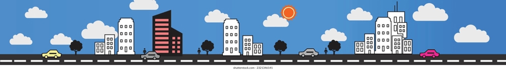 Vektorgrafik städtischer Landschaften mit mehreren Autos, Gebäuden, Wolken und Sonne