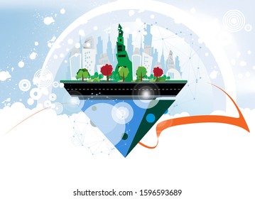 Ilustración vectorial con paisaje urbano. Ciudad inteligente con elementos futuristas