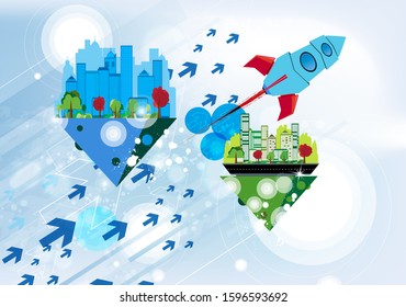 Vector illustration with urban landscape. Smart city with futuristic elements