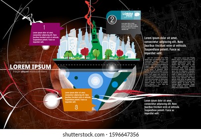 Vector illustration with urban landscape. Smart city with futuristic elements
