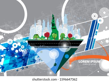 Vector illustration with urban landscape. Smart city with futuristic elements