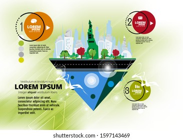 Vector illustration with urban landscape. Smart city with futuristic elements