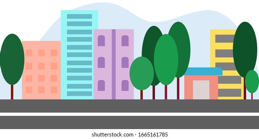 Ilustración vectorial vista del paisaje urbano con alto edificio 