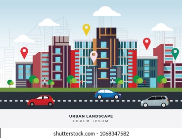 Vector illustration of Urban location landscape with high skyscrapers