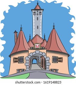 Vector illustration of the urban medieval gate Burtorg with towers. Rothenburg ob der Tauber. Germany. Bavaria