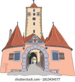 Vector illustration of urban medieval gate Burtorg with a tower. Rothenburg ob der Tauber. Germany. Bavaria