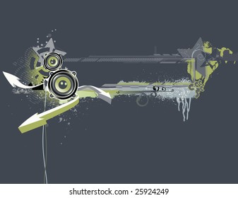 Vector illustration of urban music grunge frame with stars and speakers