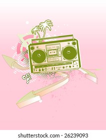 Vector illustration of urban music grunge background with stars and boombox