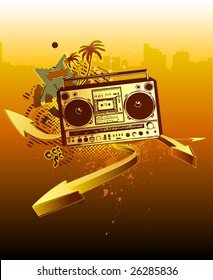 Vector illustration of urban music grunge background with stars and boombox