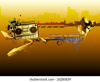 Vector illustration of urban music grunge frame with stars and boombox