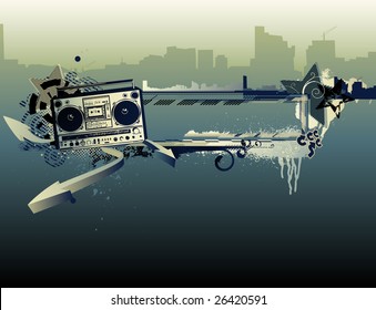 Vector illustration of urban music grunge frame with stars and boombox