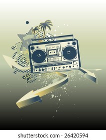 Vector illustration of urban music grunge background with stars and boombox