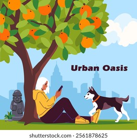 Vector illustration of an urban oasis with a person relaxing under a fruit tree, using a smartphone, while a dog plays nearby. City skyline in the background. Concept of nature in urban life