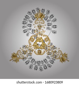 Vector illustration. Urban pattern for textile and fabric. Ornate floral ornament. Sketch pattern in oriental style. In cute curls style. Illustration in white and brown colors.