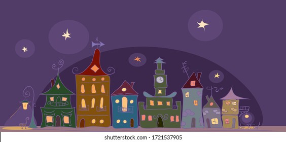 vector illustration with an urban retro quarter and the light in the windows in the evening. cozy old city where everyone is at home